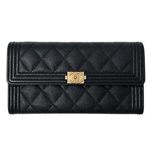 CHANEL Boy Chanel Women's Long Wallet in Black Caviar Leather with Gold Hardware